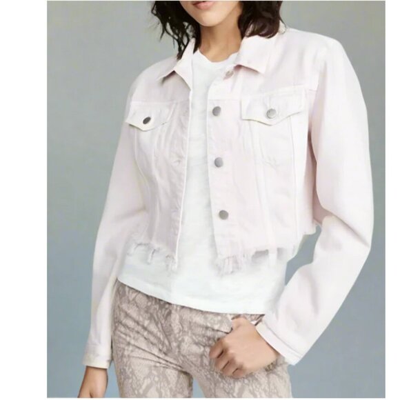 J Brand Trucker Oversized Crop Jacket Womens Medium Pink Cyra Denim Raw Hem - Picture 2 of 8